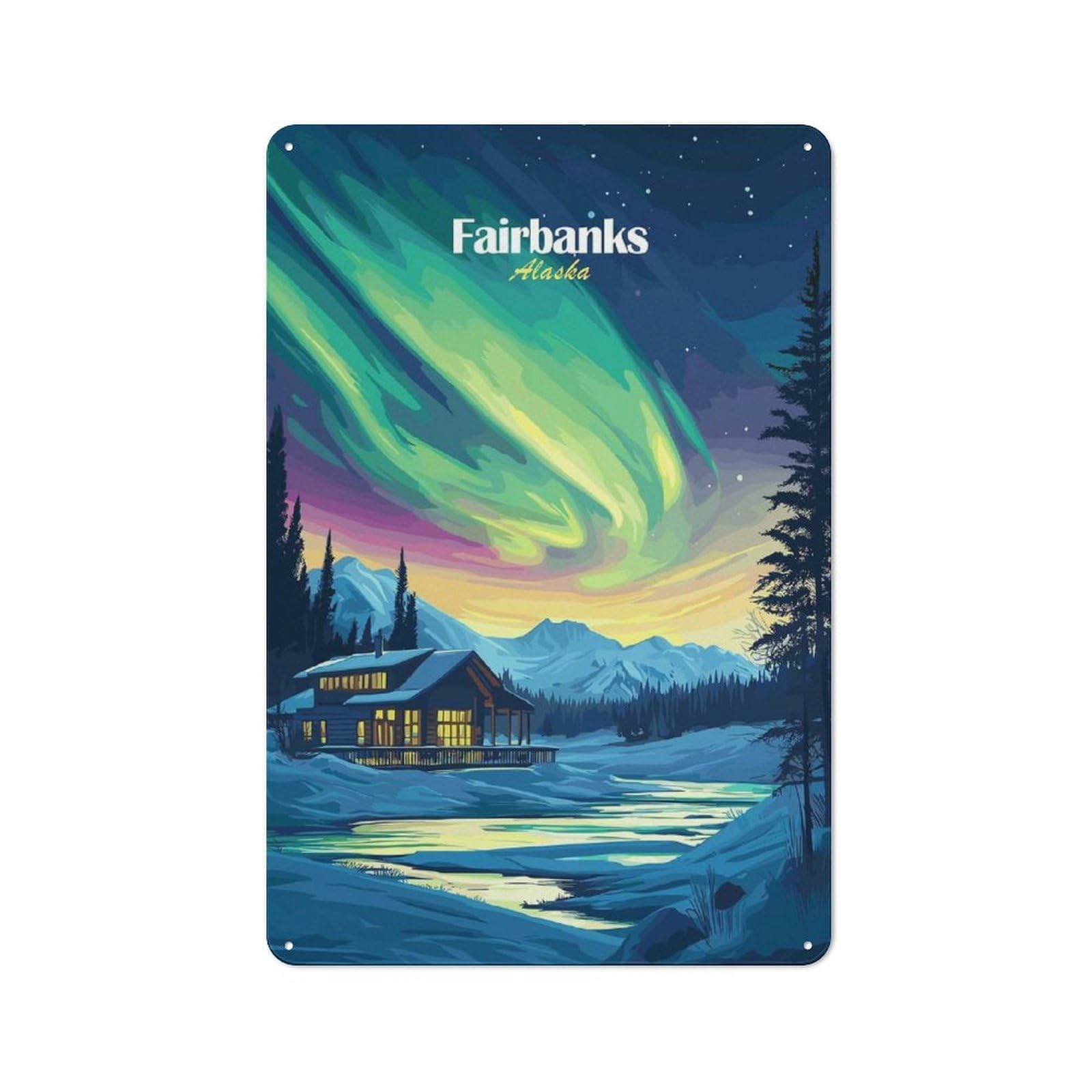 Junmoney Style-7 Barn Style Farmhouse Metal Sign 30X20cm Featuring Fairbanks Alaska Aurora Borealis, Cottage Wall Art For Kitchen, Cottage, Porch Or Garden Room