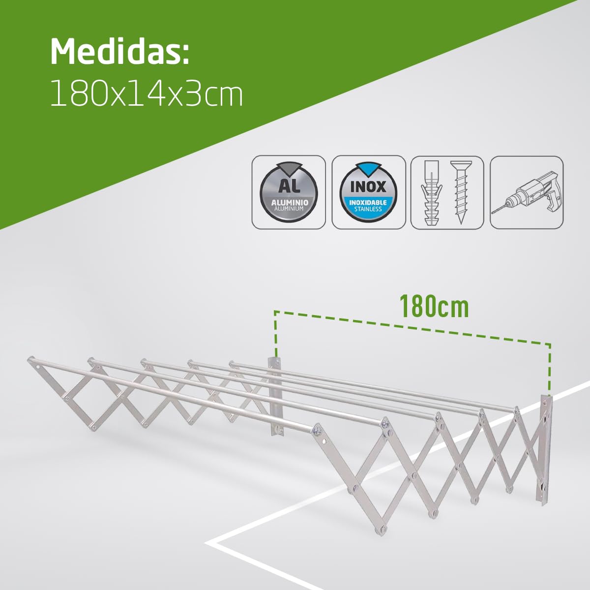Amig - Tendedero Extensible de Pared - Medidas: 180x14x3 cm - Superficie de Tendido: 9 m - Aluminio Inoxidable - Tornillería en Acero Inoxidable - para Interiores y Exteriores - Fácil Instalación