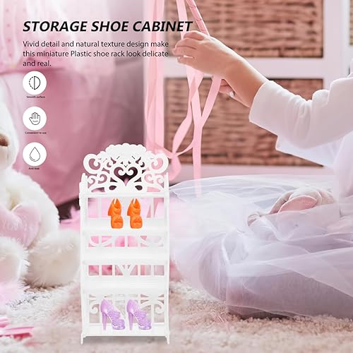 Miniatura 7 de Estante de plástico para zapatos de muñeca de 3 piezas, organizador de zapatos de casa de muñecas blanco para niños, almacenamiento de accesorios de