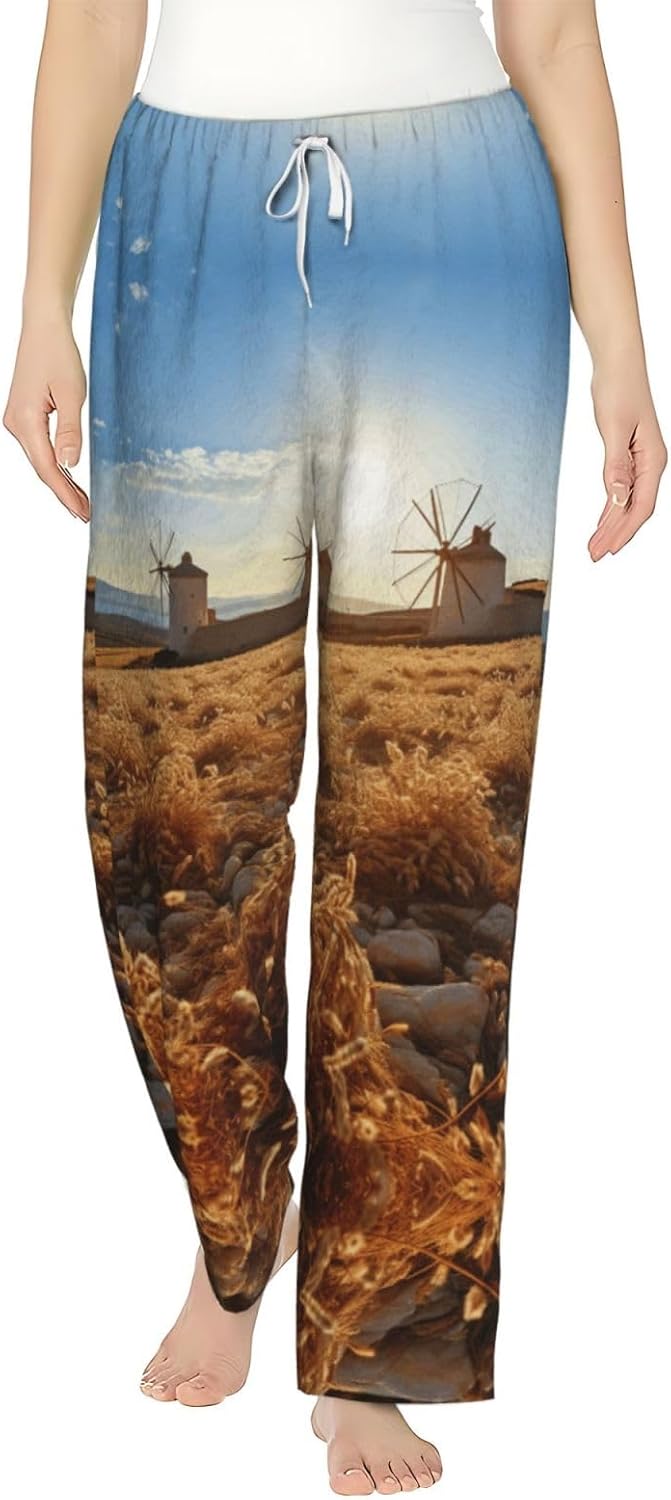 Sunset Windmill Print Cozy Flannel Pajama Pants For Women,Warm Christmas Pj Pants,Cute Fleece Pajamas