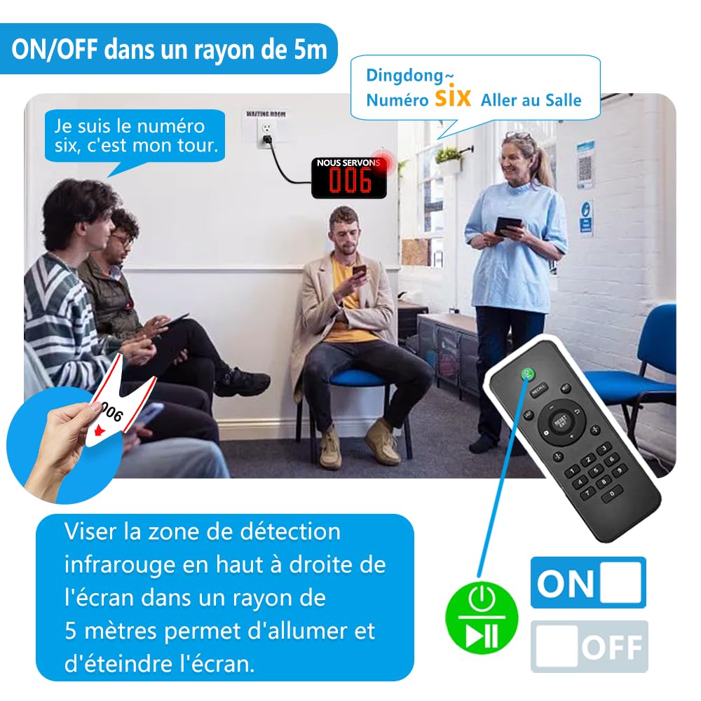 Gestion de File d'Attente (Appel en Français) | Afficheur de File d'Attente (3 Chiffres)+ Distributeur de Tickets (Rouge) + Tickets de File d'Attente (1 Rollo)+2 Bouton d'Appel +1Télécommande