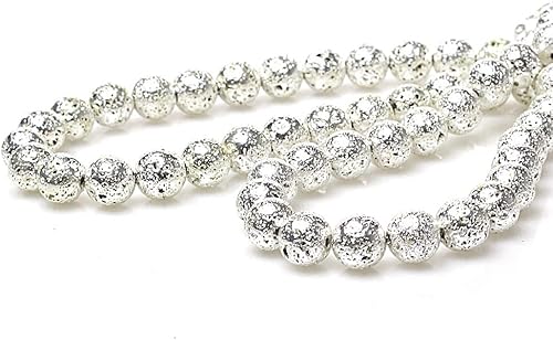 Miniatura 3 de MJDCB Cuentas redondas sueltas de piedra volcánica volcánica de plata galvanizada para hacer pulseras y joyas (0.394 pulgadas)