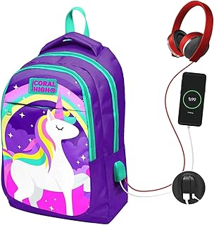 شنطة ظهر مدرسية بثلاث مساحات تخزين ومنفذ USB للاطفال من كورال هاي، لون ارجواني واخضر مائي بنمط يونيكورن, متعدد الألوان، 16