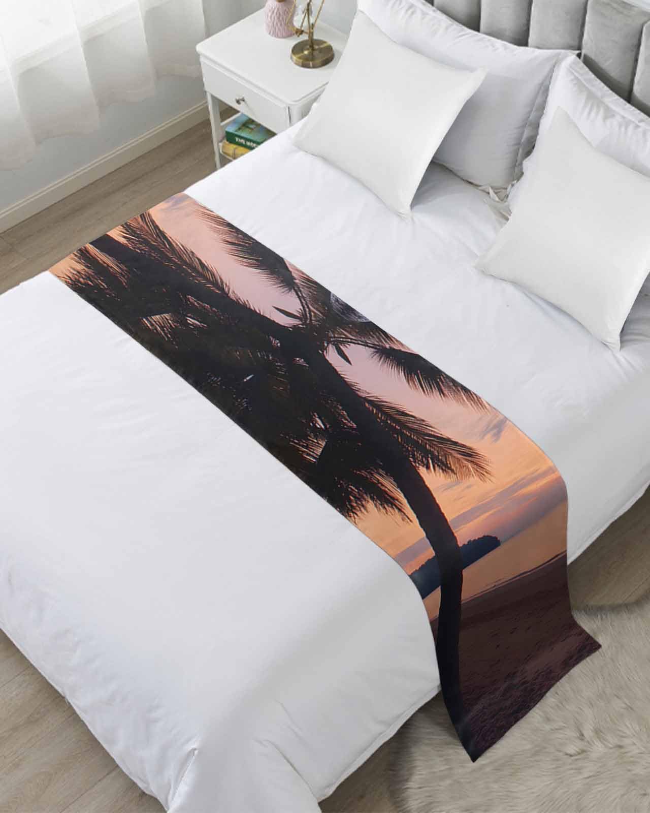 Twin Bed Runner Summer Beach Sunset Bedding Runner Scarves Decorative Bed Scarf, Coconut Tree Shadow Soft Bedding Scarf for Bedroom Hotel Wedding 83x20in