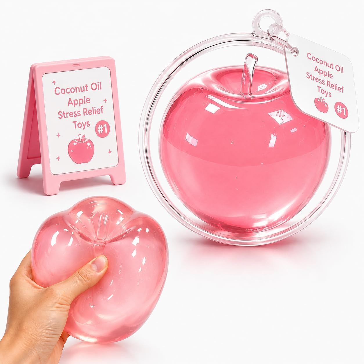 Coconut Oil Apple Squishy, 3.15in Clear Cute Apple Stress Balls, Zero Bounce Back Realistic Sensory Squeeze for Anxiety Management Party Favors (Big Apple-pink)