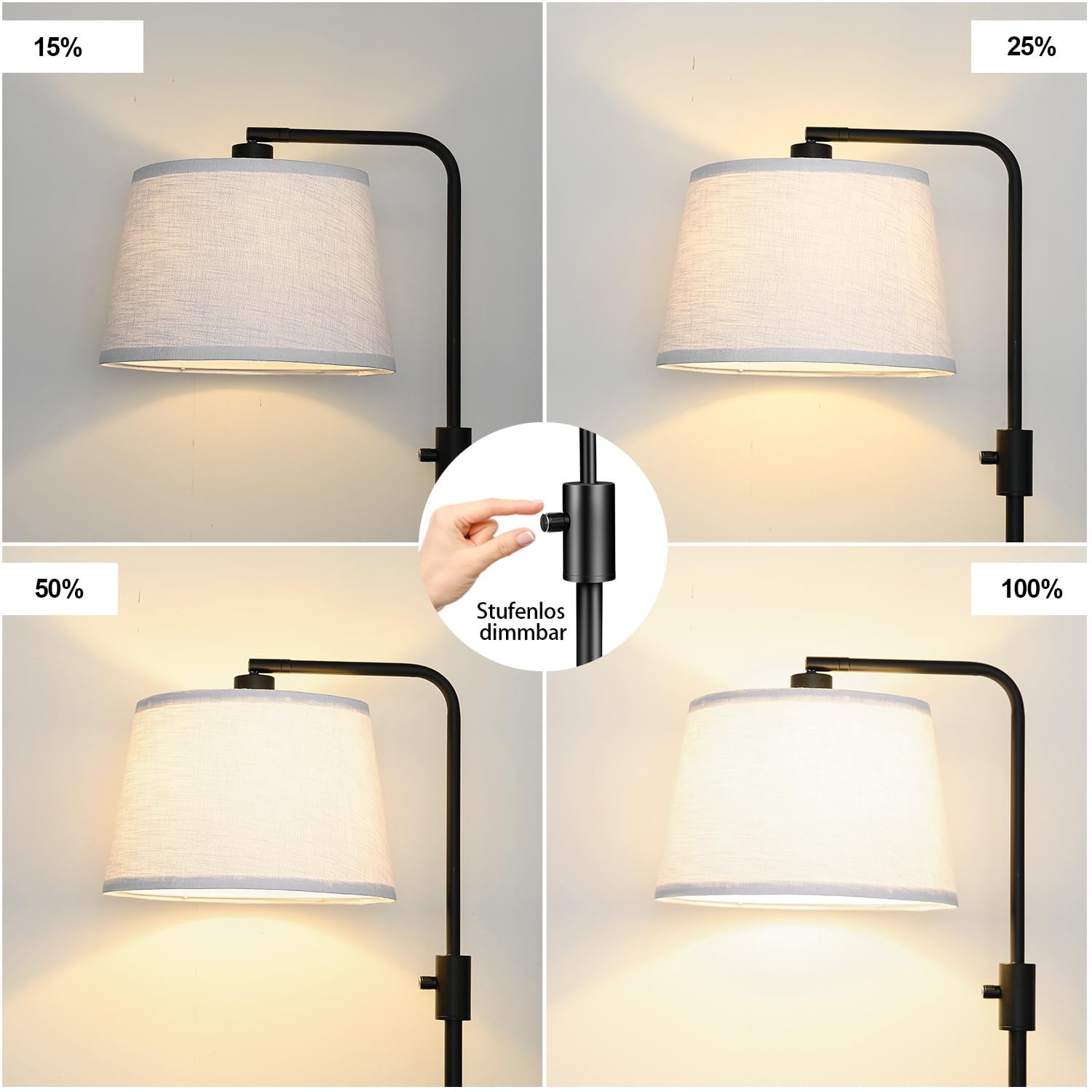 Nintiue Stehlampe Dimmbar, mit 1000lm Led-Glühbirne, 165cm Stehlampe Wohnzimmer Bogenlampe mit Drehbarer Lampenschirm, Stehleuchte für Kinderzimmer, Büro, Schlafzimmer