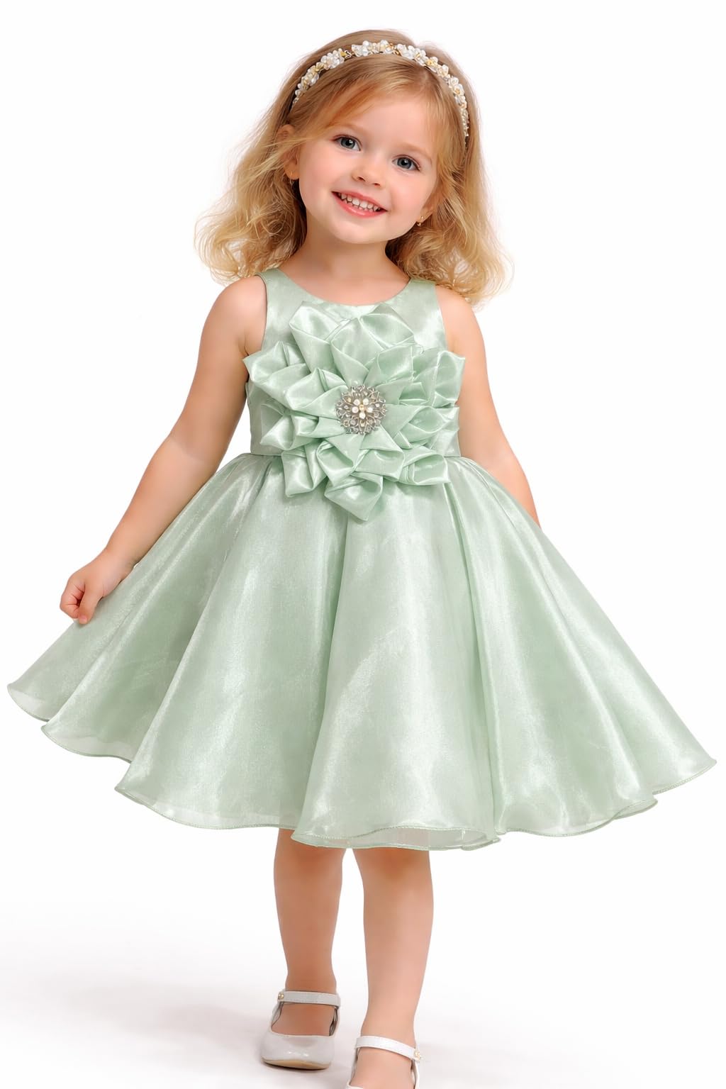 Kids Fancy Designer Frock with Floral Bow & Brooch – Party Collection| 2-4 Years. (in, Age, 2 Years, 3 Years, Mint Green)-image-11