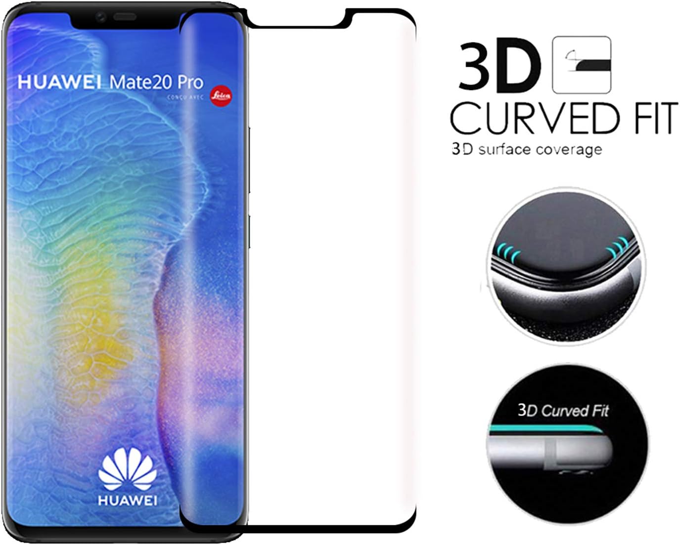 Compatible with Huawei Mate 20 Pro Screen Protector Tempered Glass Film, 2.5D Curved 9H Hardness Tempered Glass Screen Protector HD Full Coverage for Huawei Mate 20 Pro Glass Protective Film