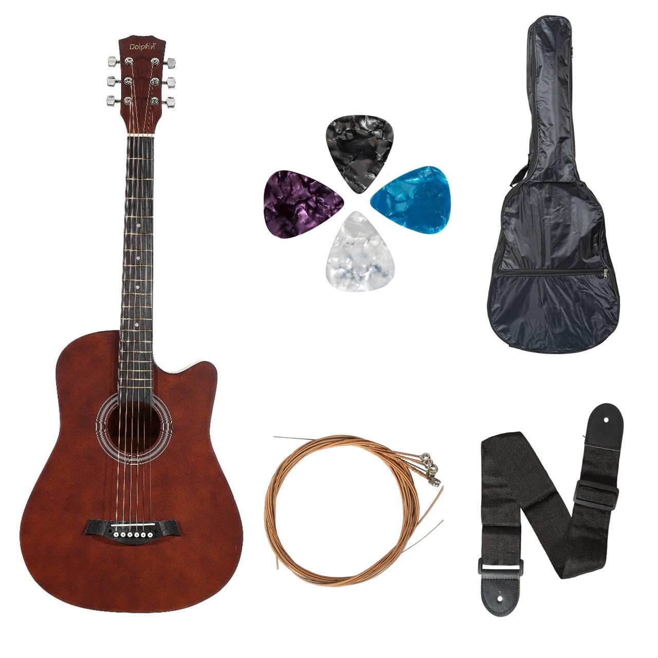“ALL WOODEN” 38” INCH "DOLPHIN"Guitar Combo Pack For Beginner Adults Childs Starter Bundle Kit,Dual Action Truss Rod, Gigbag, Picks, String Set, String Winder,Strap,Matt BROWN