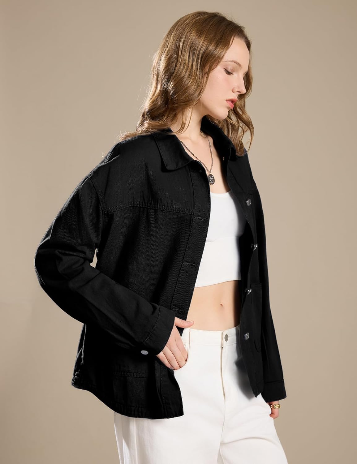 Flygo Casual Jackets for Women Trendy Button Down Fall Jackets Long Sleeve Shirts Shacket Jackets 2025(Black-S) - Image 3