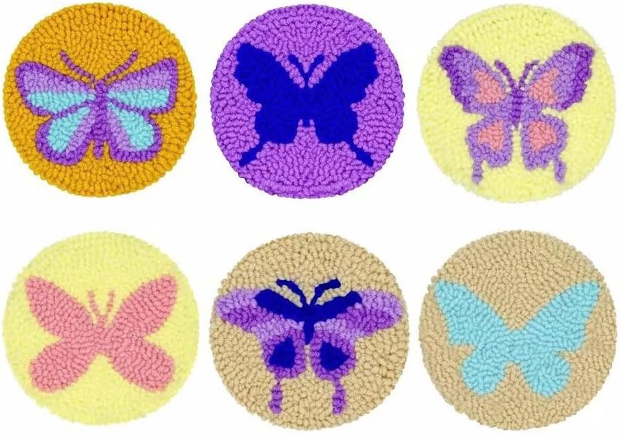 Punch Needle Coaster Kit 6 Patterns Butterfly Tufted Rug Pads, DIY Needle Punch Coaster Kit for Adults Beginners with Adhesive Felt Yarns Embroidery Hoop Tools Instruction