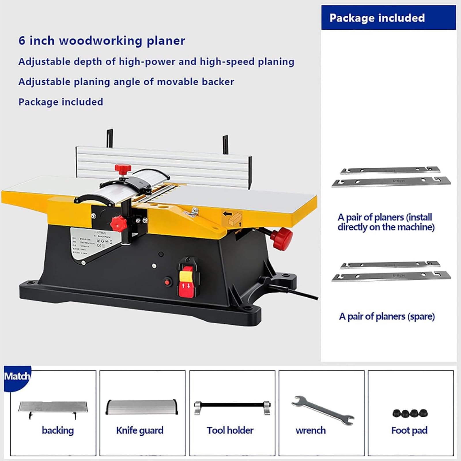 Wielofunkcyjne strugarki 1800W do obróbki drewna 6calowa strugarka stołowa 12000obr/min Strugarka stołowa o dużej wytrzymałości Regulowana głębokość cięcia 0-3mm do cięcia drewna