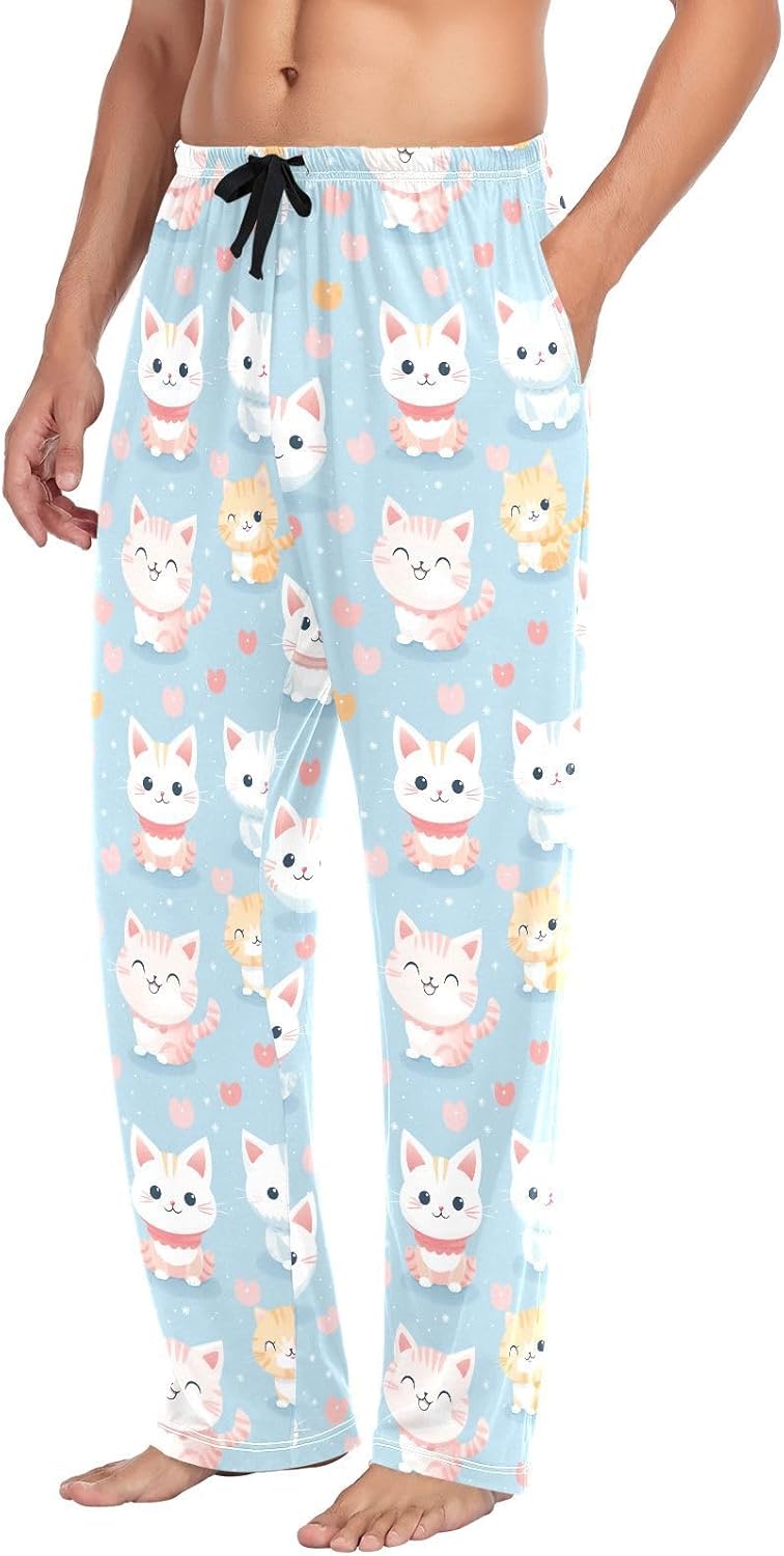 ALAZA Cute Kitten Cats Hearts Men's Pajama Pants Men Cotton Pajama Bottoms with Pockets, S