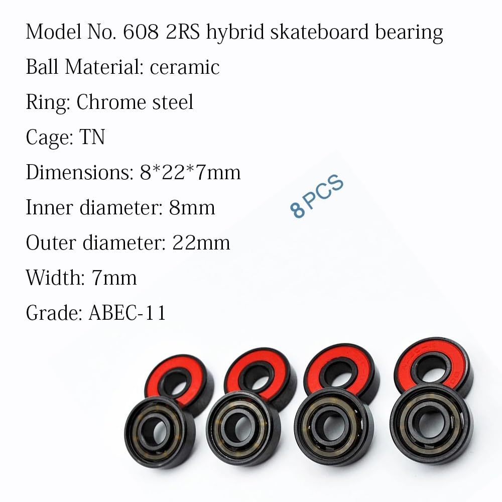 8 pezzi 608 2RS cuscinetto a sfere in ceramica nera ibrida 8 * 22 * 7mm for pattini a rotelle ad alta velocità cuscinetti in miniatura for ruote da skateboard