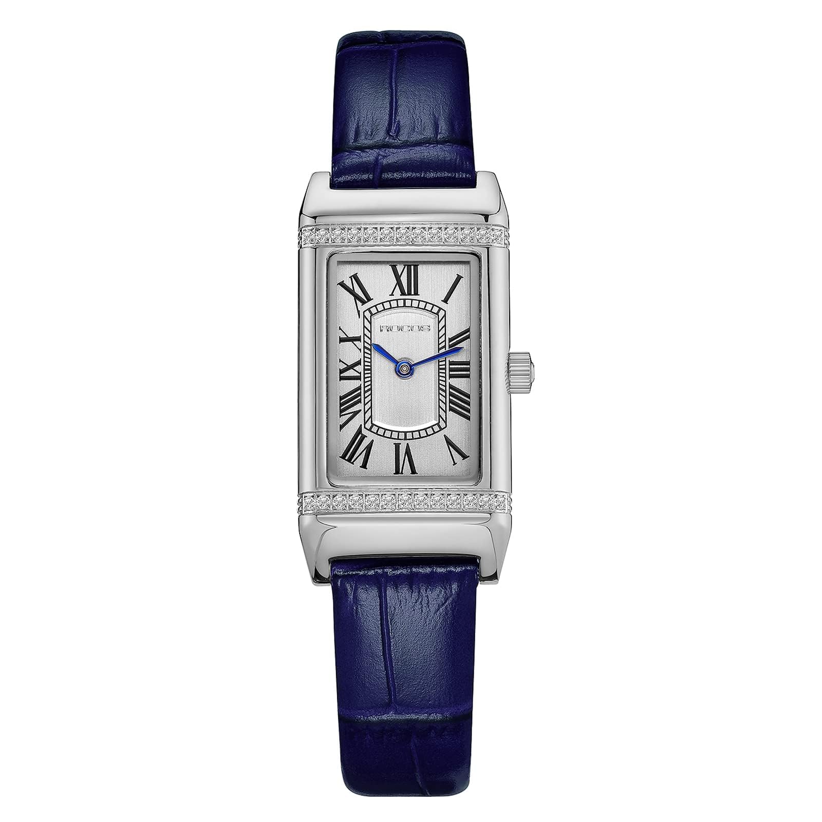 Ladies Watch – Elegant Rectangle Analog Watch for Women with Blue Leather Strap, Roman Numeral Dial, Crystal-Accented Bezel, Classic Watch – Fashion Watches for Women Latest