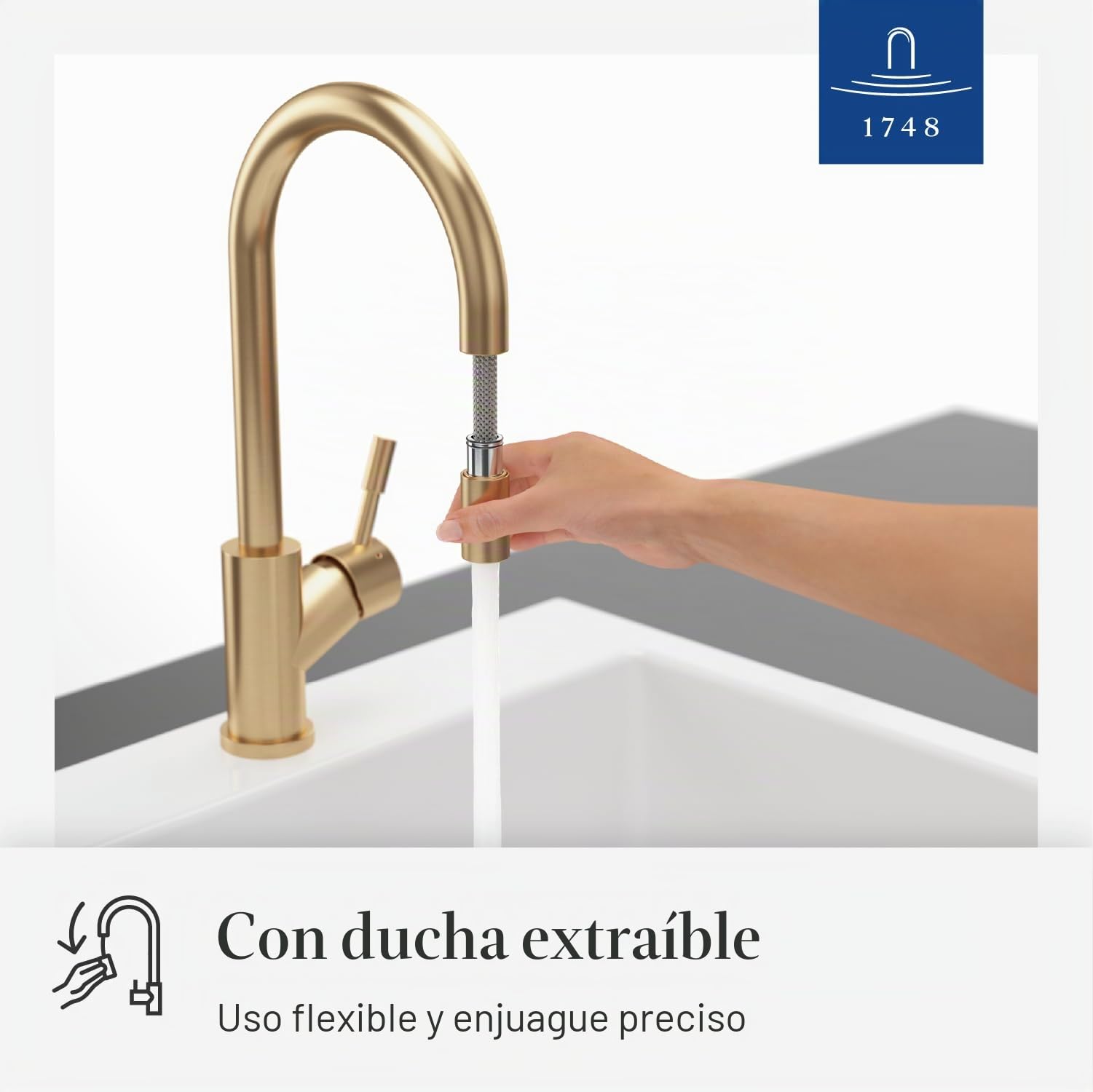 Villeroy & Boch Umbrella Flex grifería de cocina, alta presión, grifo de cocina con rociador extraíble y radio de giro de 360°, grifo de fregadero de bajo consumo, altura del caño 220 mm, dorado