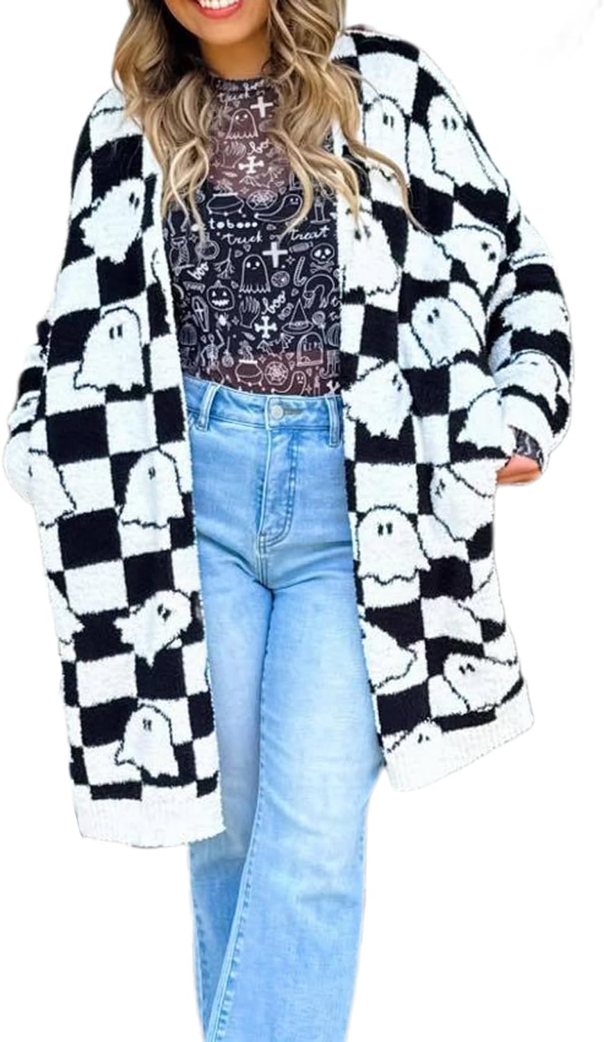 Women's Halloween Ghost Pattern Cardigan Long Sleeve Open Front Fuzzy Fluffy Outwear Coats