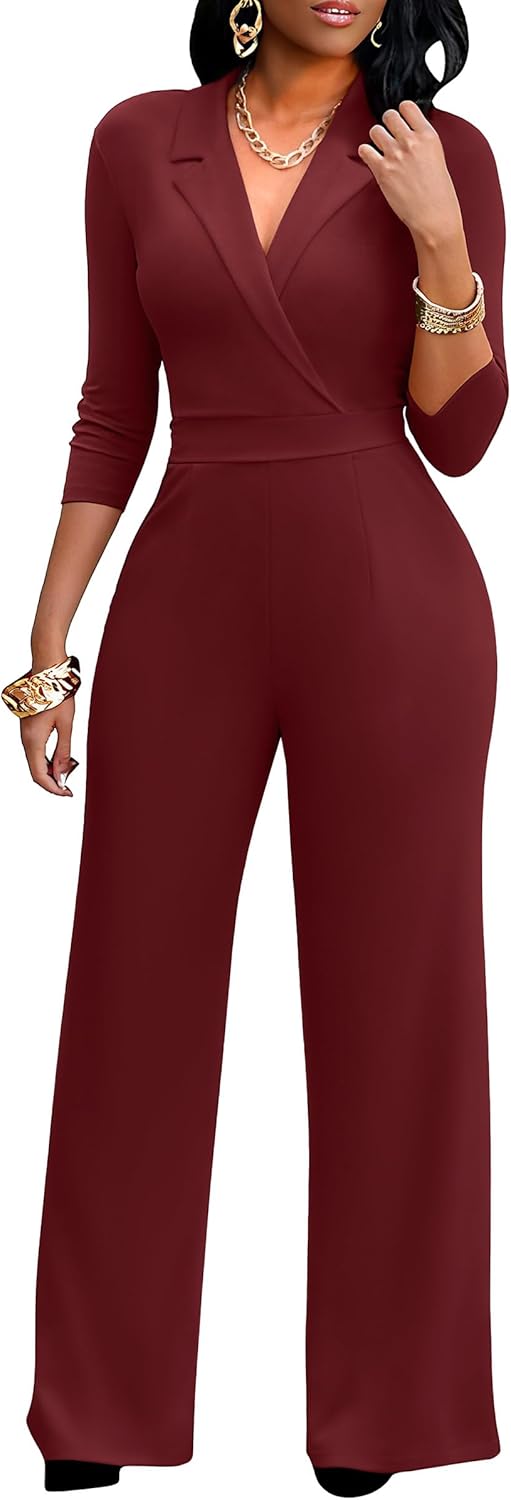 FANDEE Formal Jumpsuits for Women, High Waist Wide Leg Rompers Business Work 3/4 Sleeve One Piece Outfits with Pockets