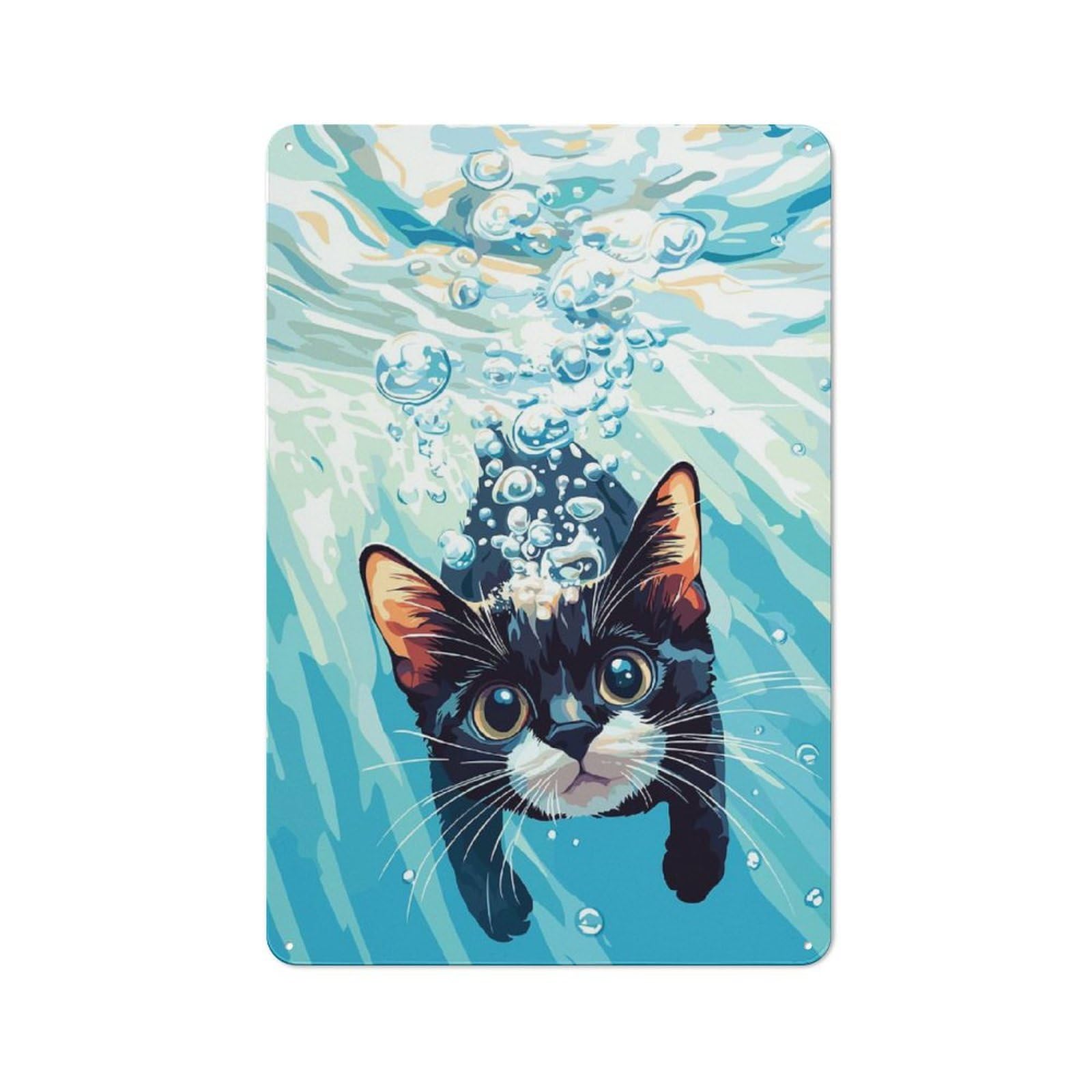 Junmoney Style-8 Tin Wall Plaque 30X20cm With Cat Underwater With Bubbles Illustration For Hallway Wall, Suited To Wall Displays In Hallways And Entrance Areas