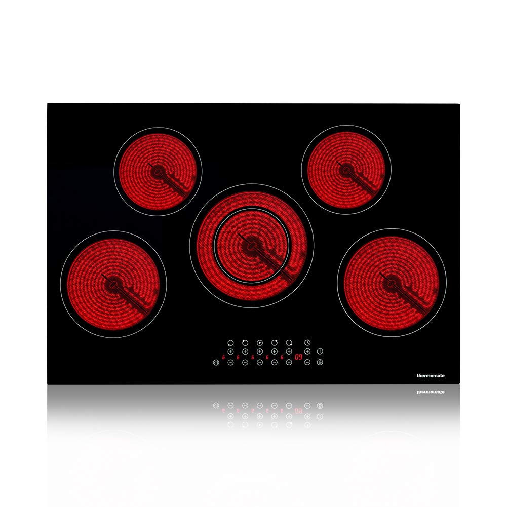 Electric Cooktop, thermomate 30 Inch Built-in Radiant Electric Stove Top, 240V Ceramic Electric Stove with 5 Burners, 9 Heating Level, Timer & Kid Safety Lock, Sensor Touch Control