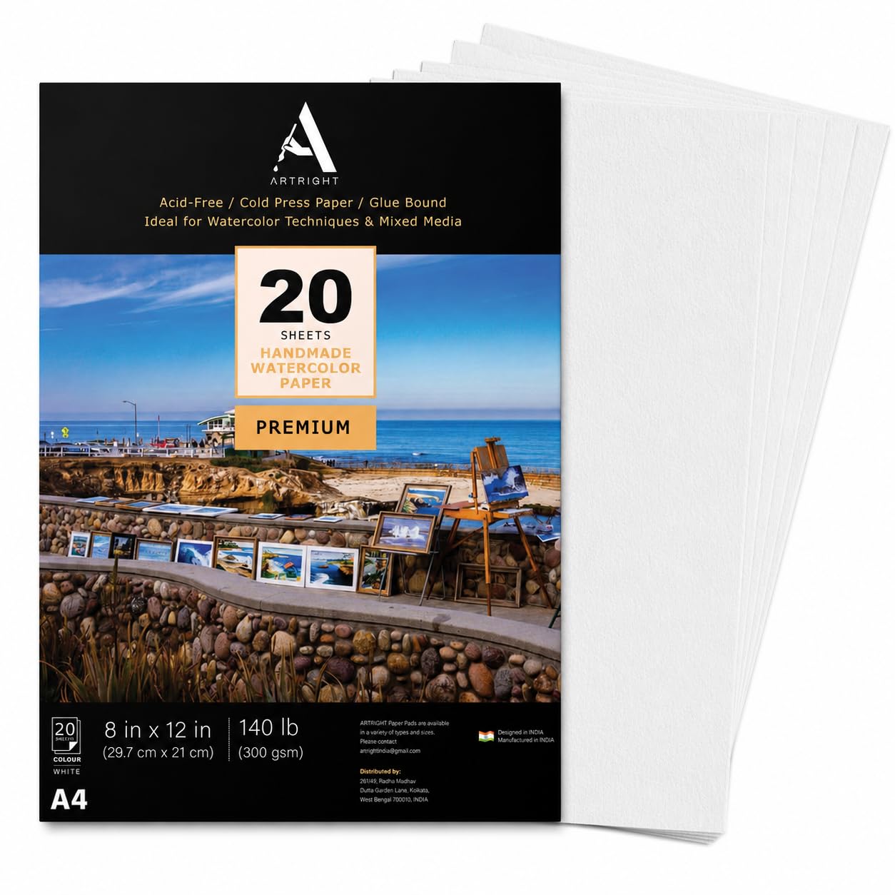 ArtRight Artists' Watercolor Paper A4 300 GSM - 20 Sheets of Handmade Rough Grain Water Colour Papers for Watercolour, Acrylic, Gouache, Ink & Mixed Media