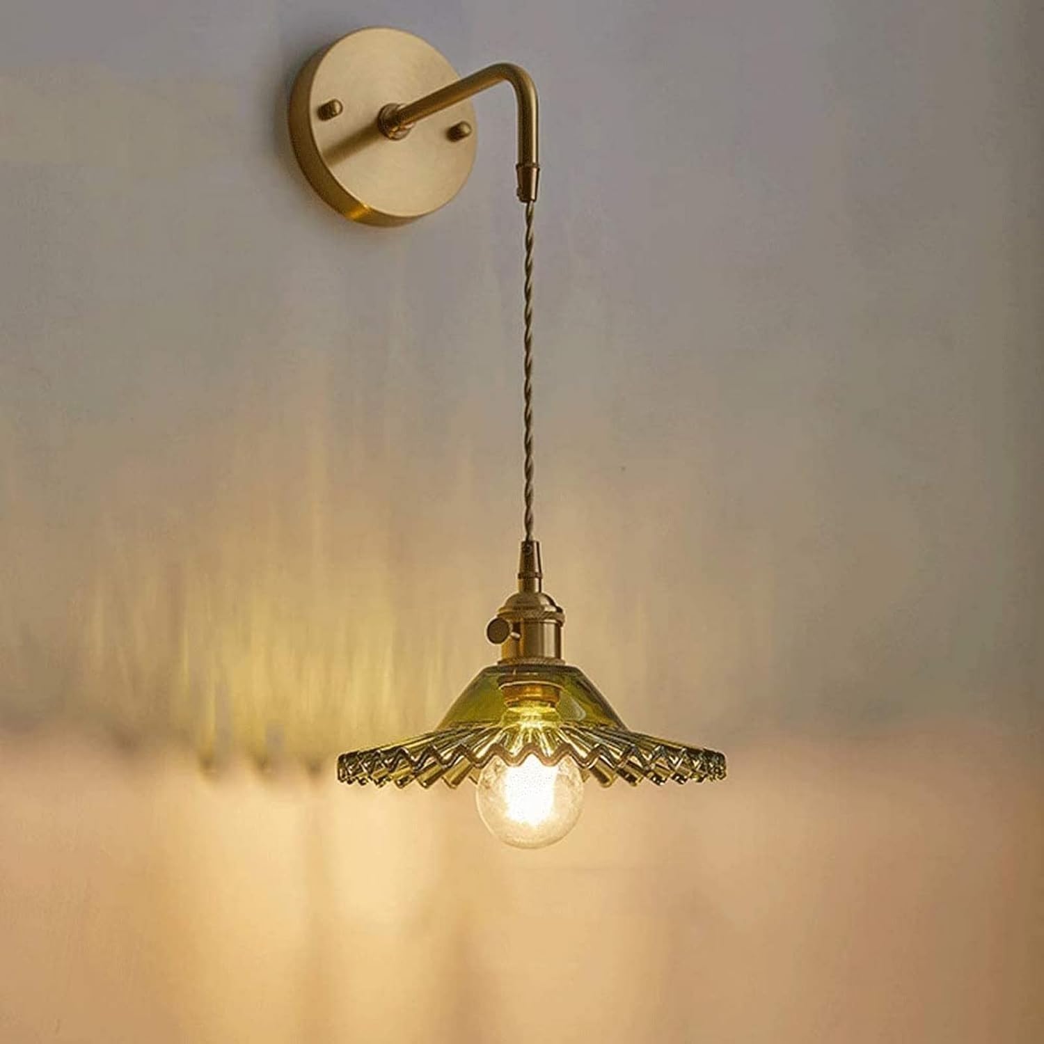 CWCQGH Wall Light Long-line Chandelier Bedroom Bedside Wall Lamps, All-Copper Glass Flower Cup Lampshade Wall Sconces,22cm
