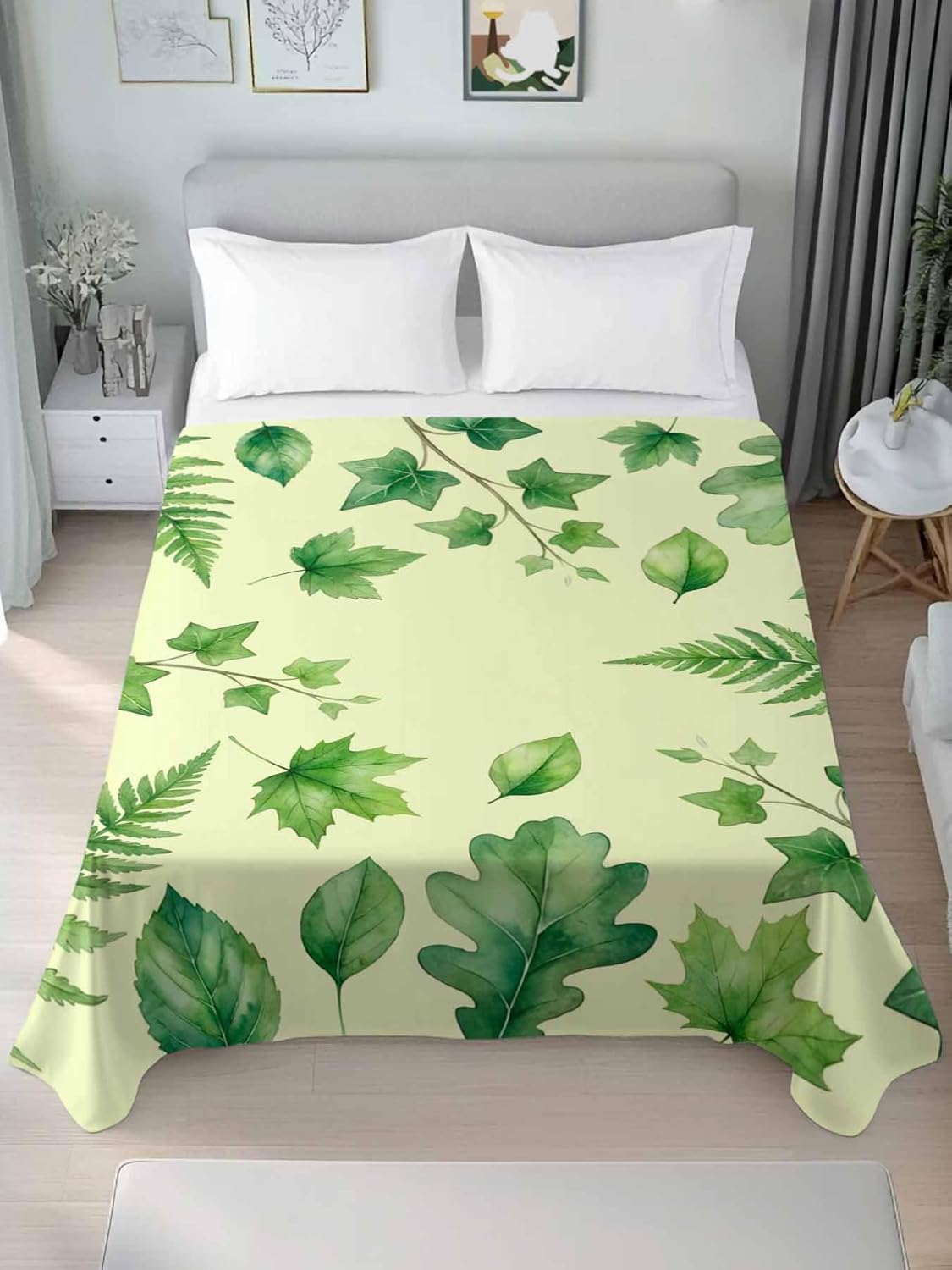 Top Sheet Full Bedding Flat Sheet Only, Spring Botanical Plants on Yellow Microfiber Bed Sheets Soft Breathable Bedding Flat Sheets, Watercolor Green Leaves Hotel Luxury Top Sheets