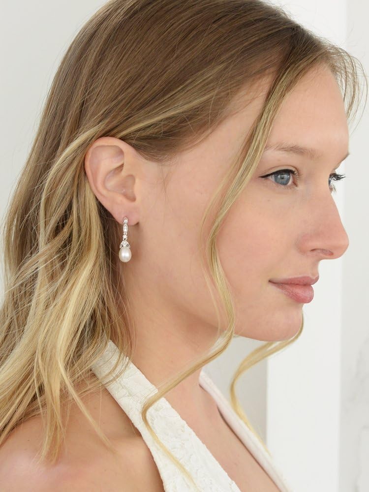 Mariell Cultured Freshwater Pearl Bridal Drop Earrings with Cubic Zirconia Crystals, Ivory Pearl Wedding Earring for Brides, Bridesmaids, Mother of the Bride and Everyday Wear - Image 2