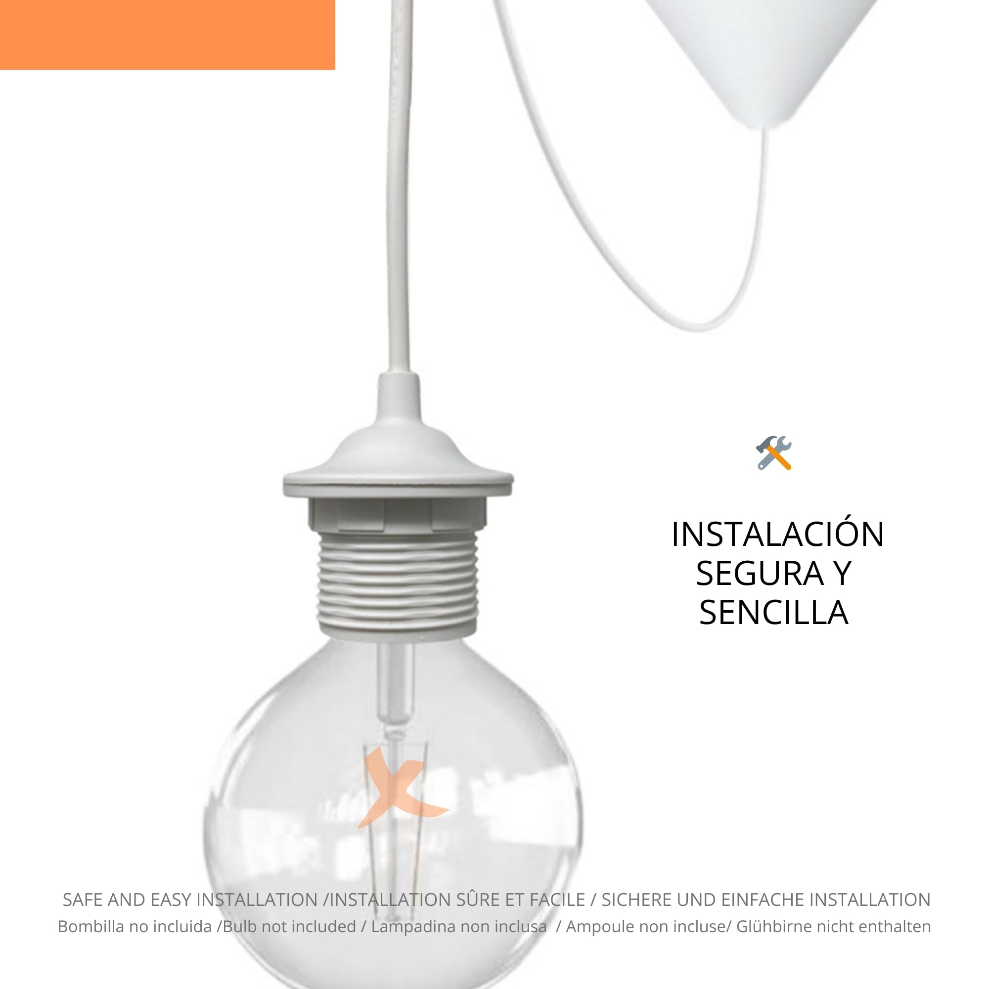Lámpara Colgante Decorativa Blanca con Florón Cónico de Plástico | Cable PVC 80 cm Flexible | Portalámparas E27 con Camisa Roscada, Tope y Arandela | Ideal para Sala, Comedor, Dormitorio.