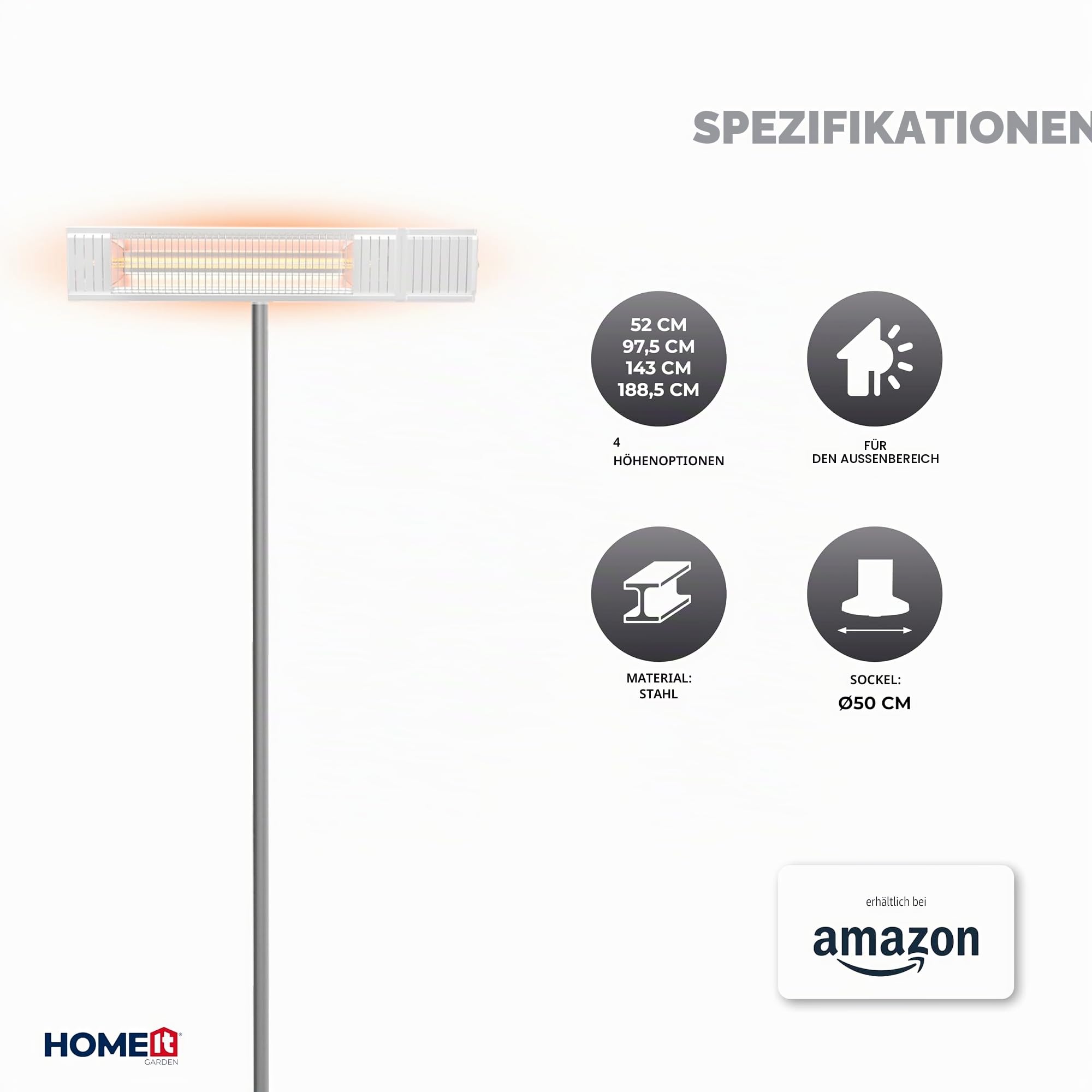 HOME It® Bodenständer für Terrassenheizer – Höhenverstellbar 52–188,5 cm – Für Wandmontage-Modelle 58628–58636 – Robustes Stahlrohr – Outdoor