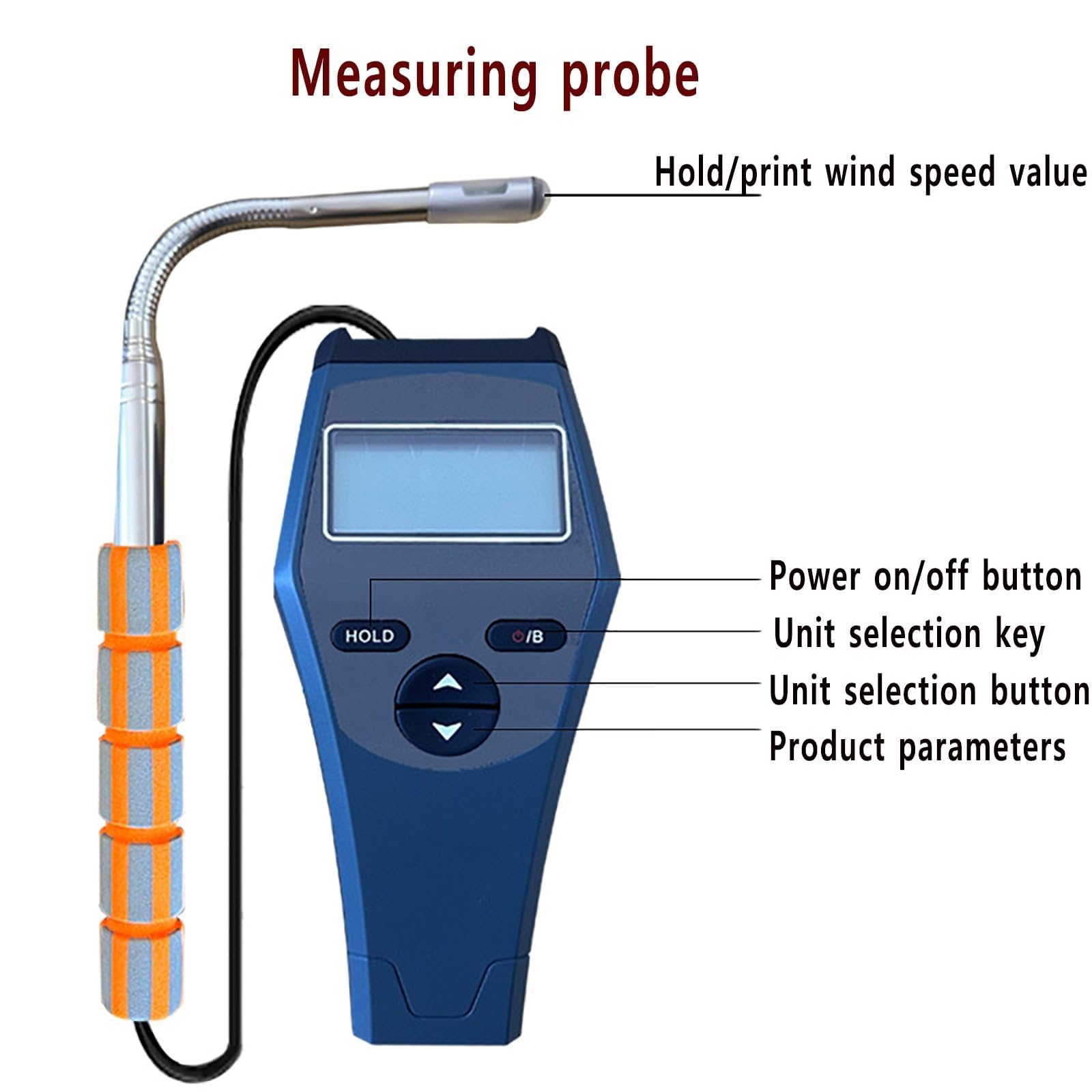 Cyfrowy anemometr z sondą zakrzywioną, wysoka czułość, podświetlany ekran LCD, pomiar prędkości wiatru 0,05–30,0 m/s, automatyczna kompensacja punktu zerowego