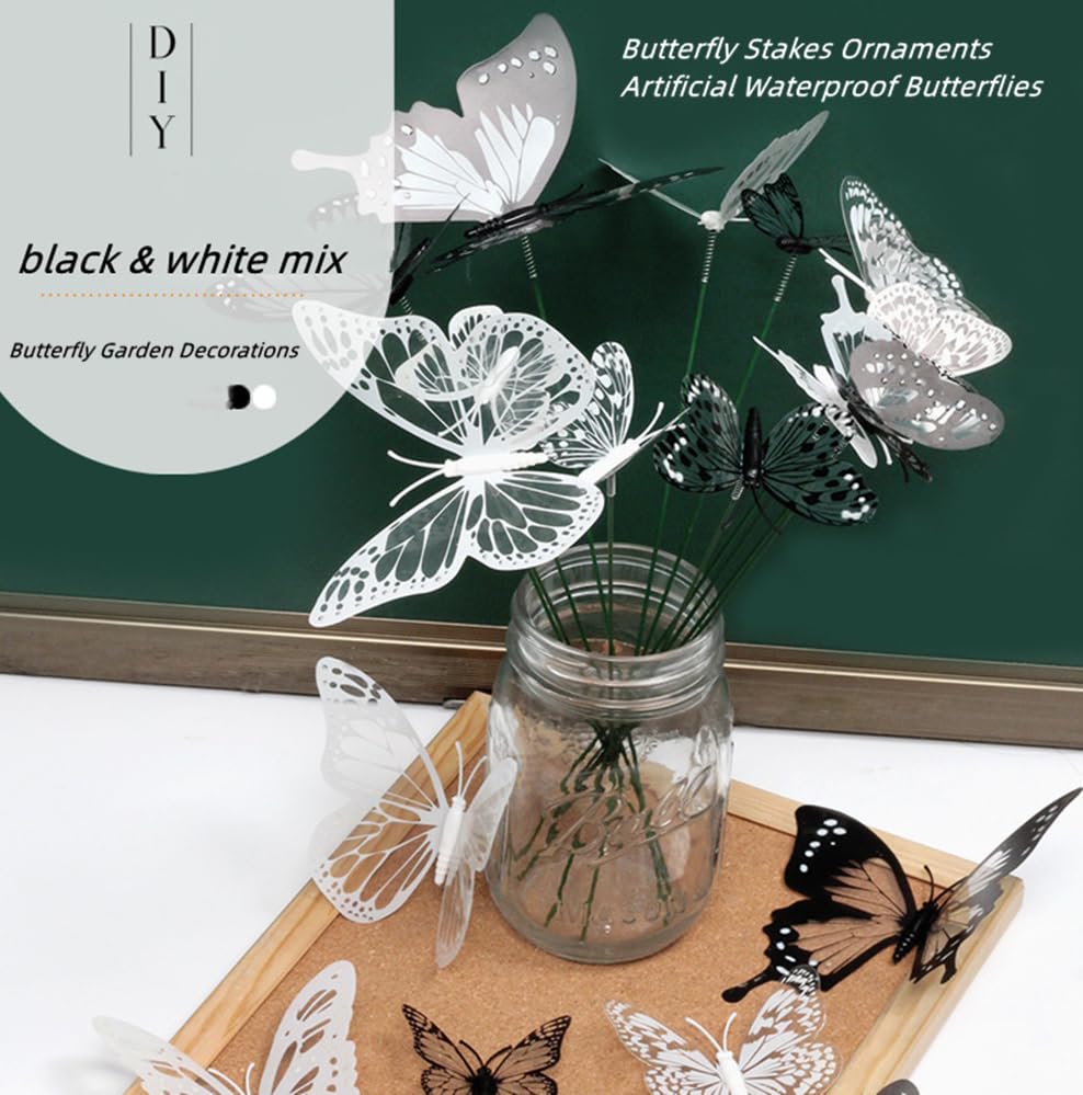 Pack of 50 PVC 3D Garden Butterflies 10 Inch Outdoor Cake Bouquet Bouquet Wall Lawn Driveway Flower Pot Flower Bed Courtyard Decoration (Mix Black and - Image 4