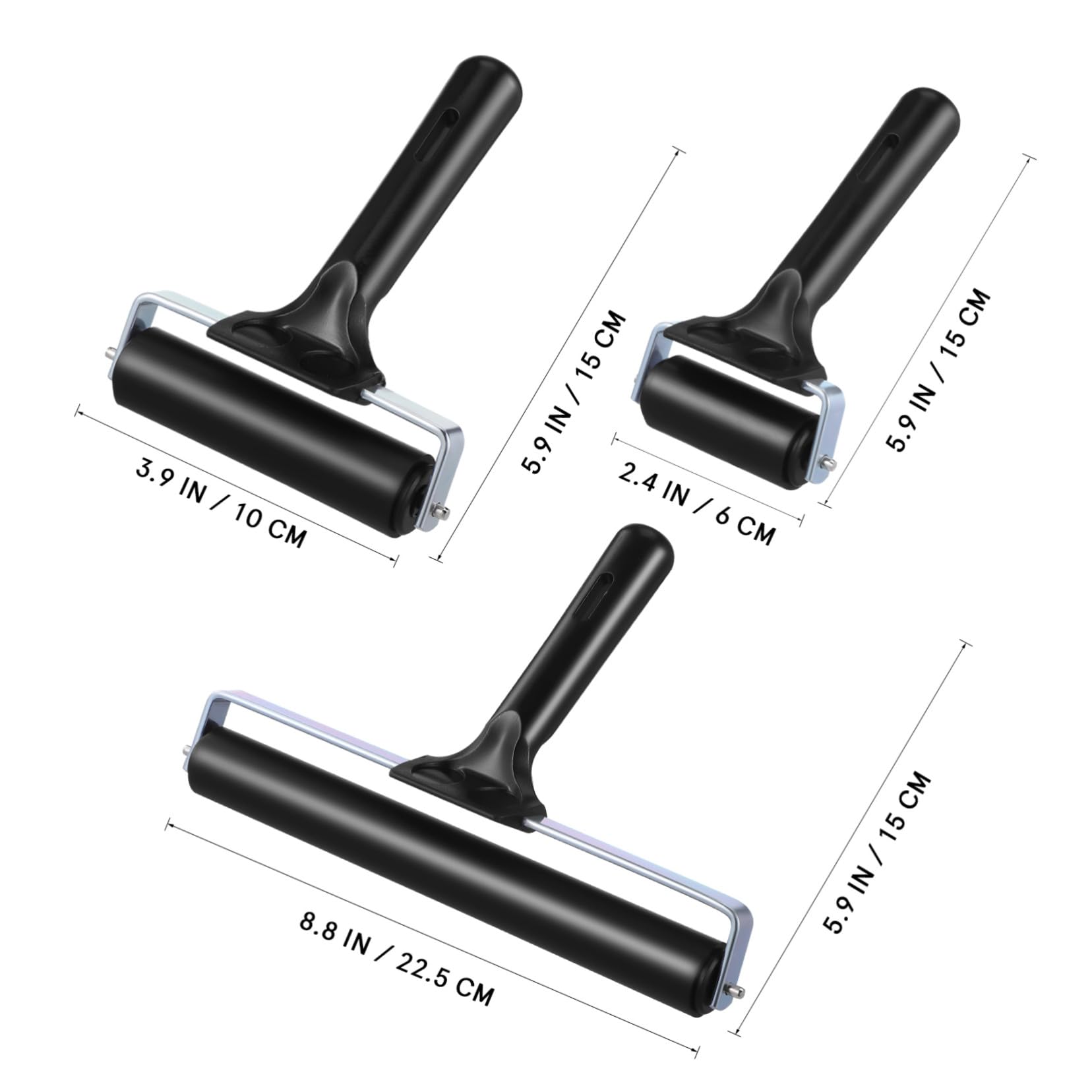 Rodillos de Impresión Reutilizables de Goma Negros, 3 Piezas | 6 Cm, 10cm y 20cm, para Printmaking y Scrapbooking, Ligeros y Fáciles de Usar