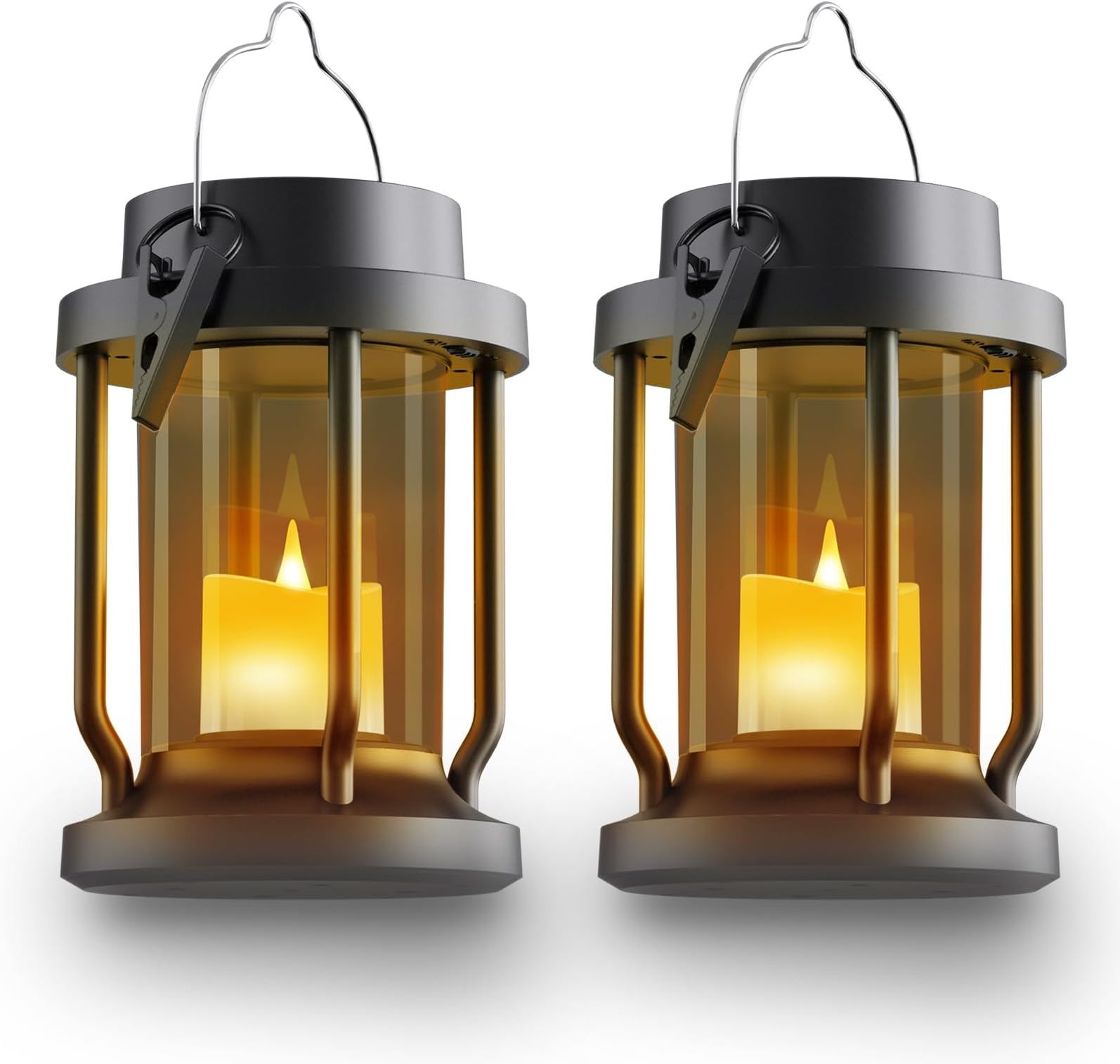 Solar Lantern Outdoor & Indoor Use – Hanging Solar Lights with Realistic Flickering Flameless Candle, Weatherproof for Gardens, Patios, Trees, and Lawns (Black + Gray, 2 Pack)