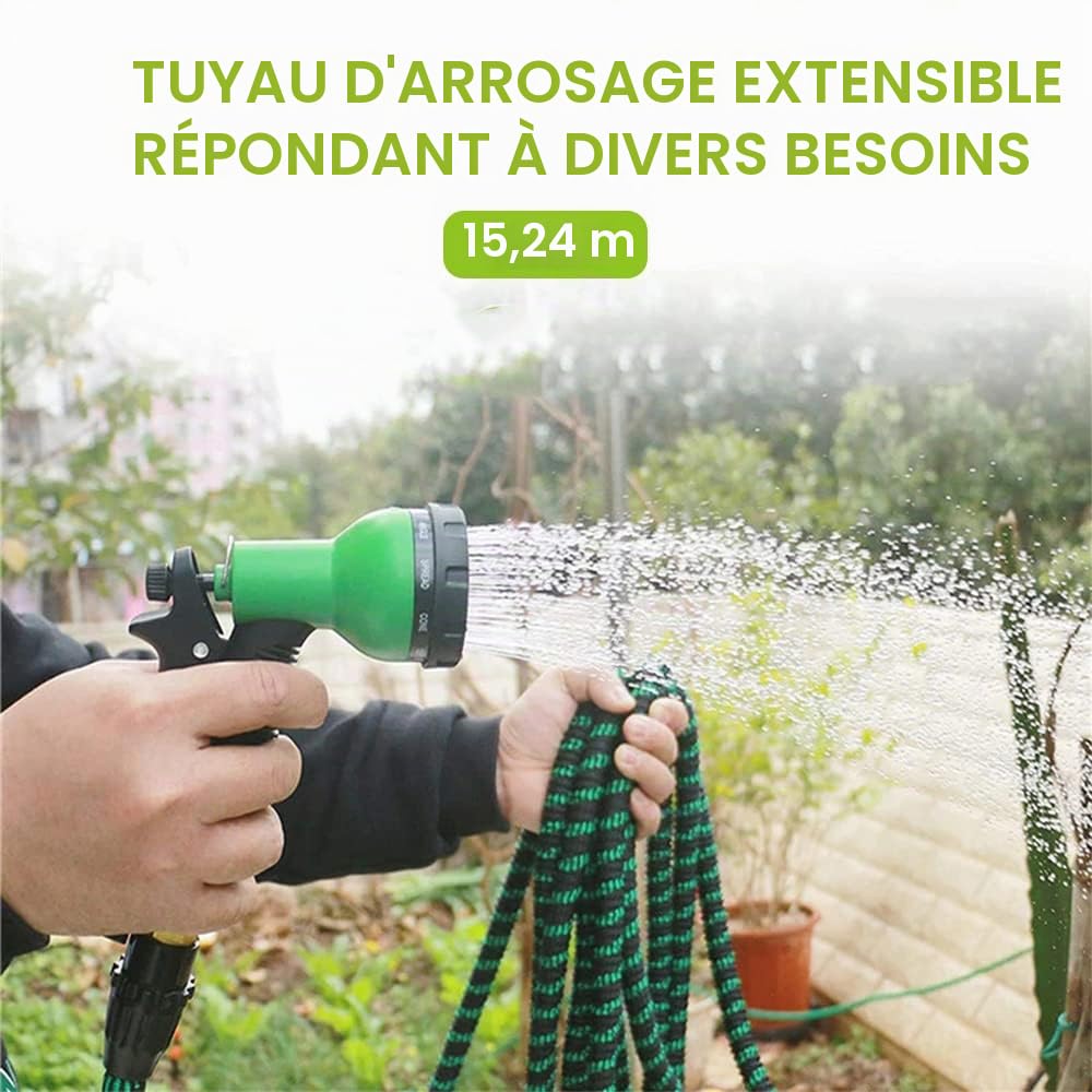 ACAGALA Tuyau d'arrosage Extensible de 15 m de Long avec buse à 9 Fonctions, Tuyau d'arrosage Flexible et Solide avec raccords en Laiton Massif et Double Noyau en Latex