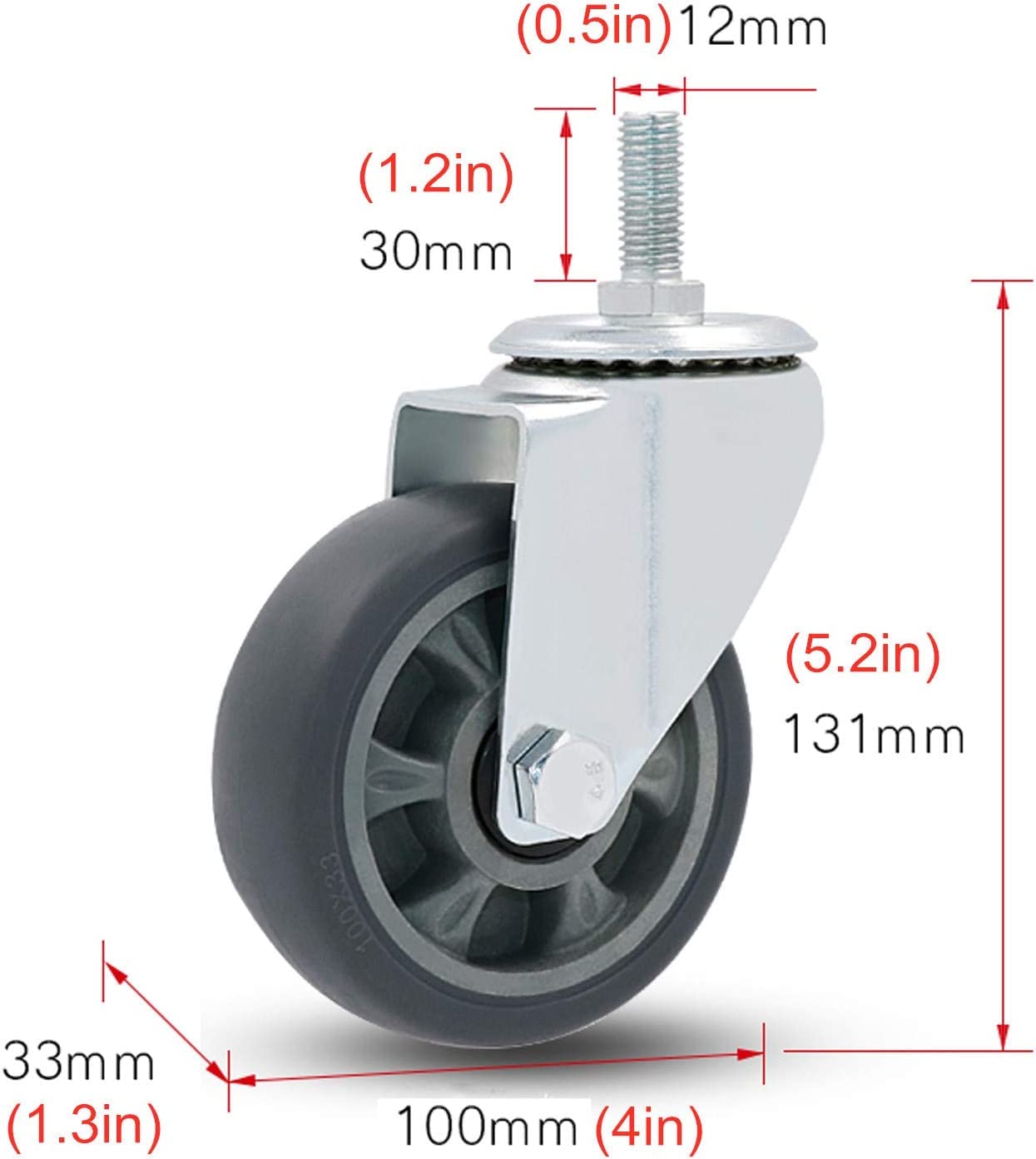 lenkrollen, Industrielle Transporträder, Räder, Schwerlast-Lenkrollen, TPR-Gummirollen, Ersatzräder for Karren, Möbel, Werkbänke, Trolleys, Rollen mit Gewindeschaft M12 x 30 mm (Farbe: Bremse). ( Colo
