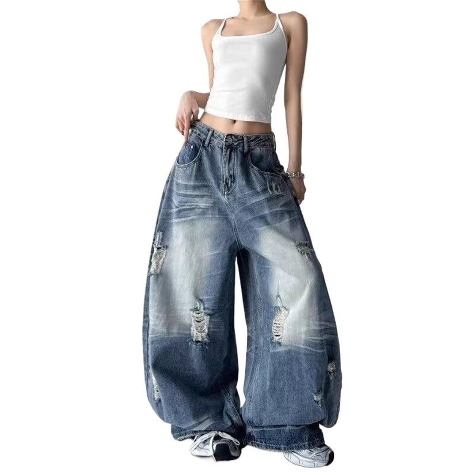 Pantaloni Denim Vintage Americano Strappati Gamba Larga Dritto Baggy Donna