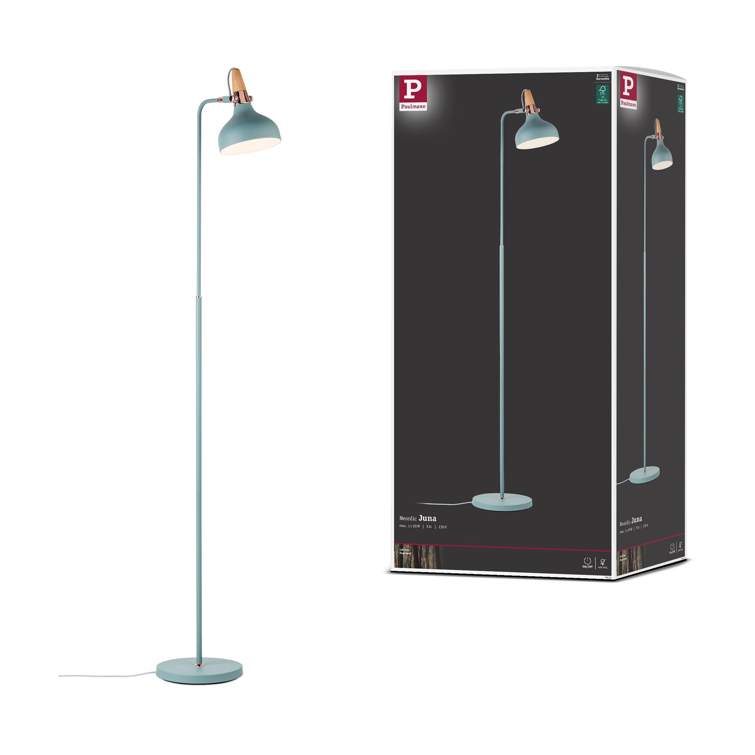 Paulmann 79654 Luminaria de pie Neordic Juna máx. 1x20 W, luminaria de pie para lámparas E14, lámpara de pie verde satinado/cobre/madera, bañador 230 V sin fuente de luz
