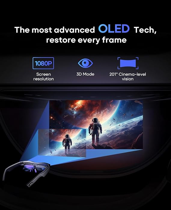 AR Glasses, Smart Glasses with Massive 201 Inch Micro OLED Virtual Theater, 1080P, 3D Movie, 50 FOV, 400 nits Brightness, Support Stream, Game and Work on PC/Android/iOS/Consoles/Cloud