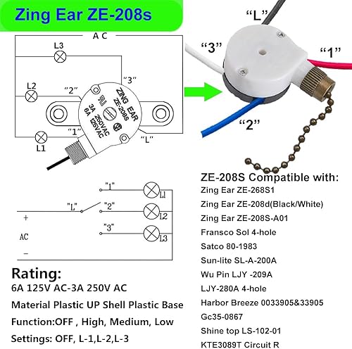 Miniatura 2 de Zing Ear ZE-208s E89885 - Interruptor de cadena de 3 velocidades y 4 cables con 4 cables preinstalados, pieza de repuesto para Hunter, Hampton Bay,
