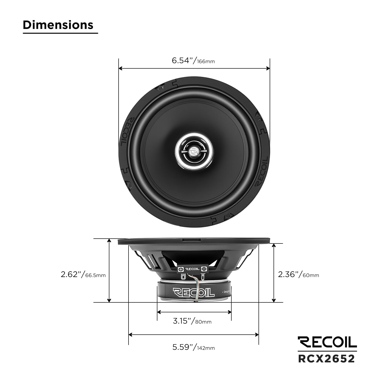 RECOIL RCX265 Echo Series 16,5 cm (6,5 Zoll) 2-Wege-Koaxiallautsprecher, 100 W RMS / 200 W Spitze, PEI-Hochtöner, bassbetontes Design, Paar