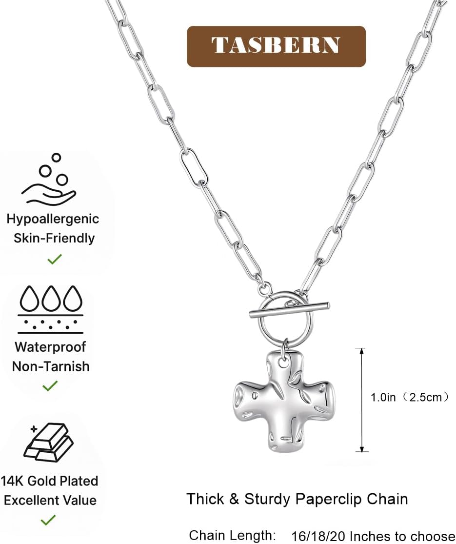 Chunky Cross Necklace for Women Hammered Gold Cross Pendant Toggle Clasp Paperclip Chain Statement Choker Bold Faith Jewelry Gift - Image 4