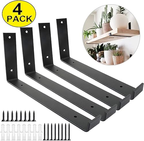 Miniatura 16 de Soportes para estantes de 12 pulgadas, 4 unidades, soporte de pared negro resistente con borde para estantes flotantes, soporte de estante de metal