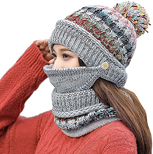 Bonnet d'hiver 3 en 1 anti-froid femme gris en polaire chaude avec pompon protecteur
