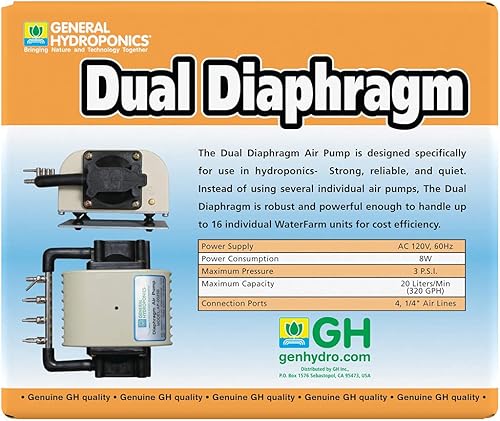 Miniatura 8 de General Hydroponics HGC728040 Bomba de aire de doble diafragma 320 GPH 4 salida