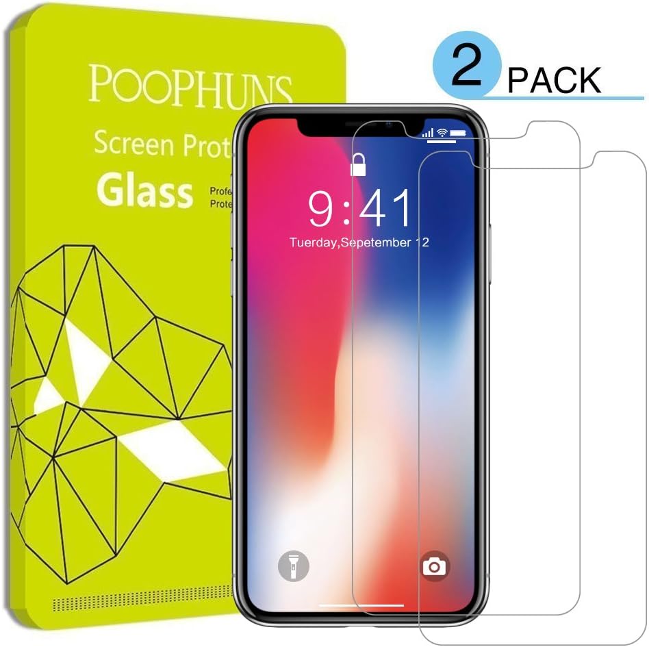 Screen Protector for iPhone X, POOPHUNS 2 Pack iPhone X Anti-Scratch Tempered Glass-3D Touch Compatible/9H Hardness/One-push installation/Bubble free-Professional Protector Film