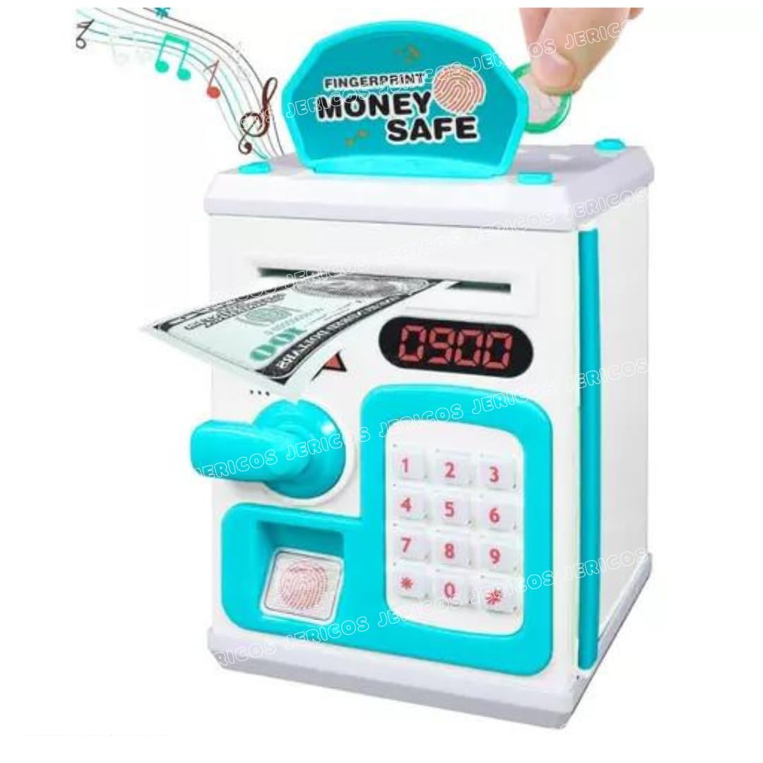 Kids Money Safe ATM Toy with Finger Print Sensor | Piggy Savings Money Bank with Electronic Lock Cash Deposit Box for Kids - Boys & Girls 2-5 Years (Blue)