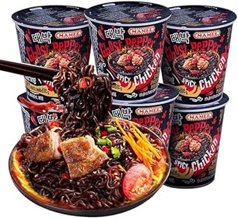 Hot & Spicy Ghost Pepper Noodles, Spicy Hot Ramen, Instant Noodles, Spicy food Challenge, Korean Instant powder Cup, Dry mixed Vermicelli, Super spicy Packaging black Vermicelli (1 pack)