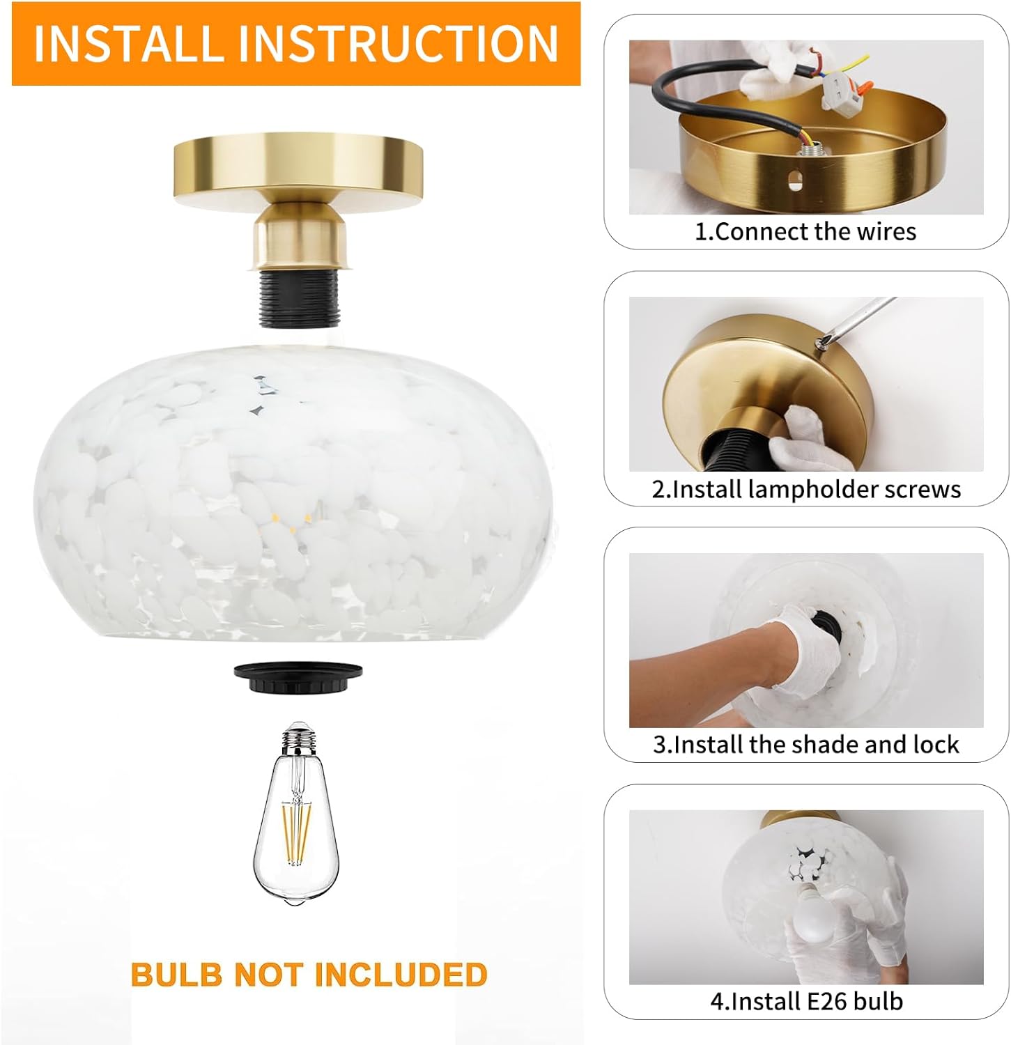 FRIDEKO HOME Glass Ceiling Light - Farmhouse Hallway Lighting Fixtures Ceiling Semi Flush Mount Ceiling Light Fixture for Kitchen Bathroom Entryway Porch (White Cloud-8.66 inch)