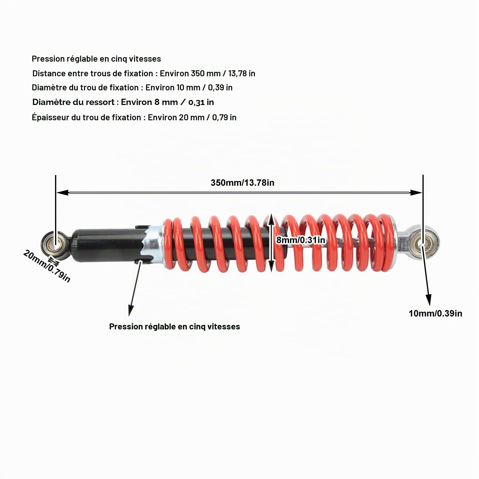 Amortisseur Avant, 5 Positions Réglage Ressort 8mm Haute Performance Suspension Réglable Entraxe 350mm pour Quad ATV Karting Dirt Pit Bike